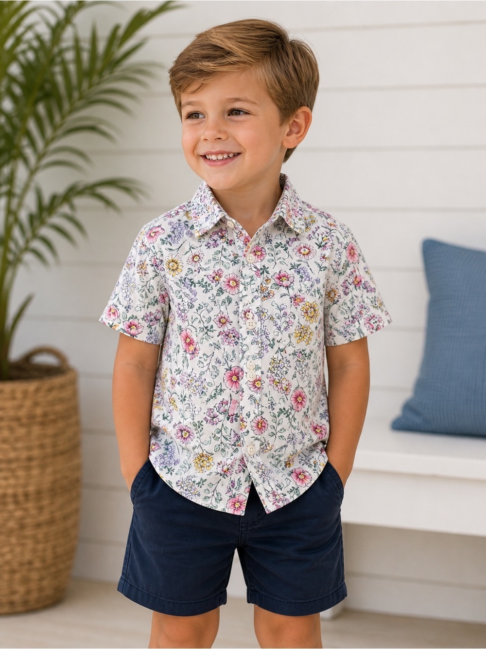 Janie and Jack Boys Floral Button Down Shirt Size 5 Short Sleeve Spring